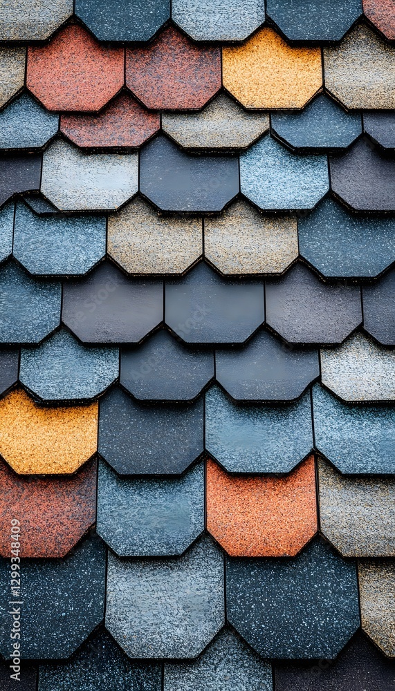 Poster colorful pattern of octagonal roof tiles arranged in a close up view