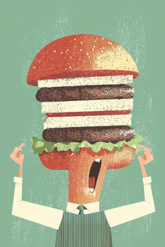 Naklejki A Whimsical and Humorous Illustration of a Character with a Giant Burger Head, Perfect for Food Lovers and Art Aficionados Alike