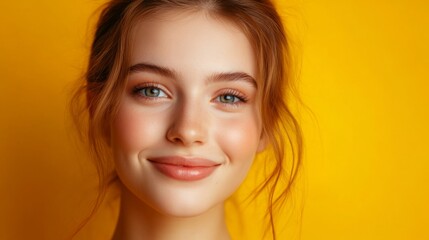 Fototapeta premium Young woman smiling against a bright yellow background during a joyful moment in soft lighting