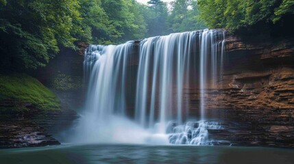 Fototapeta premium Serene Waterfall Cascading Through Lush Greenery in Nature Landscape