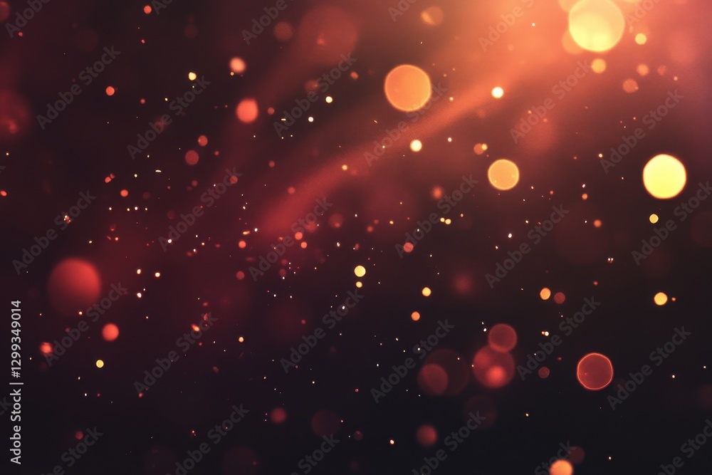 Poster Falling glowing particles on dark background with light red and gold hues, panorama with bokeh effect, motion blur, sparkling lights, twinkling stars, abstract background and magical atmosphere.