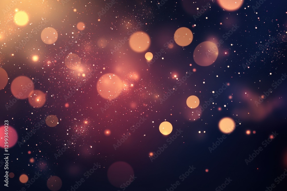 Poster A background of glowing bokeh lights on an abstract dark gradient, creating a magical and ethereal atmosphere with space for text or images. Light particles form soft circles in shades of red and gold