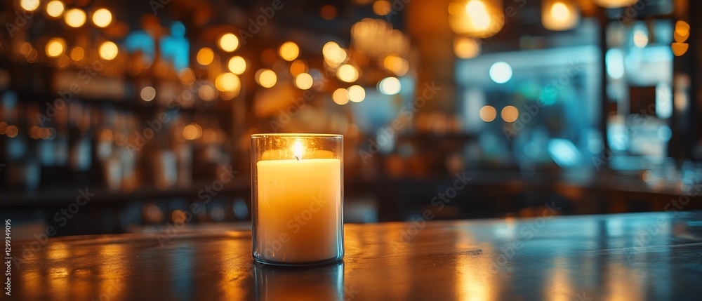 Poster lit candle on counter in bar with bokeh lights