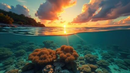 Split view of a coral reef affected by bleaching at sunset with vibrant sky reflections	