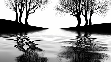 A black and white silhouette of trees reflected in a still body of water. Tranquility - Ocean. Illustration