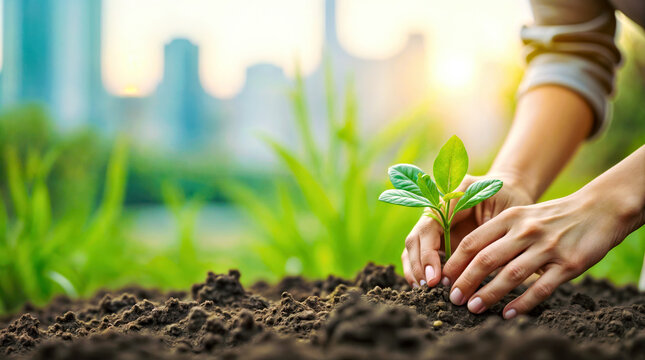 Person Planting Tree Sapling And Placing in Soil Against City Background with Copy Space, National Arbor Day Concept