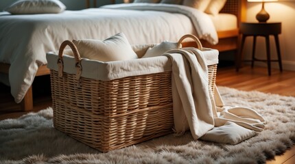 Obraz premium Cozy Bedroom Scene with Wicker Basket, Pillows, and Soft Blankets on a Fluffy Rug