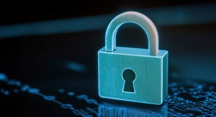 Fototapeta premium Cyber risk management concept. Digital lock symbolizing data security and encryption technology on a dark background.