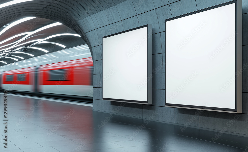 Poster empty blank billboards in a subway station with a passing red metro train in the background.