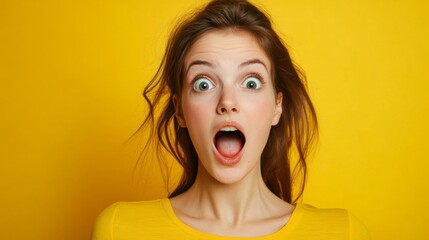 Woman expressing surprise against a bright yellow background while showcasing excitement and enthusiasm
