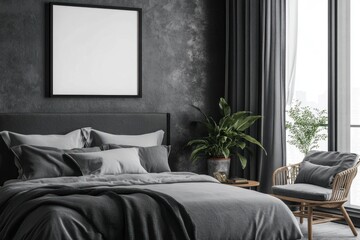 Modern bedroom interior mockup, gray walls, white canvas, comfortable bedding. Possible use Interior design