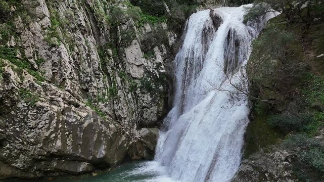 Aerial view of Polylimnio Waterfall in Messinia, Greece after heavy rainfall
