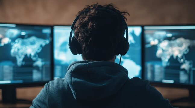 Cyber risk management concept. Person with headphones focused on multiple monitors displaying world maps in a dark environment.