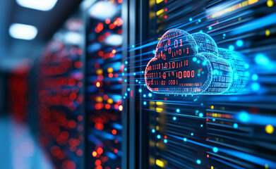 A futuristic digital cloud computing concept overlaid on glowing server racks with moving data flow.