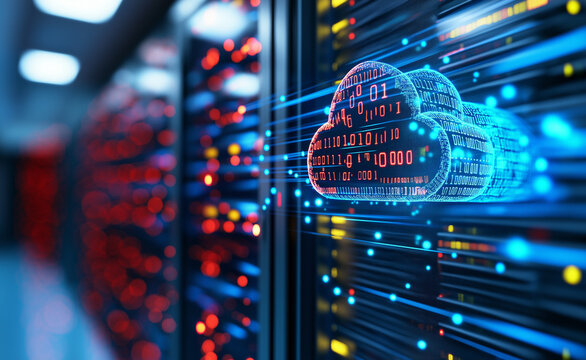 A futuristic digital cloud computing concept overlaid on glowing server racks with moving data flow. - Powered by Adobe