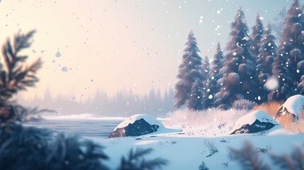 A serene winter wonderland captivating snowy landscape with softly blurred trees and gentle snowfall capturing tranquility. Tranquility - Ocean. Illustration