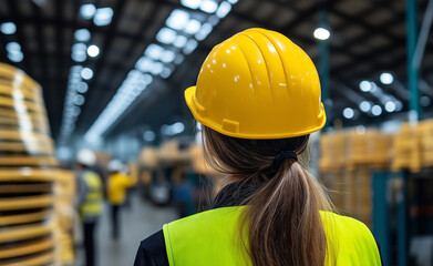 A female worker wearing a yellow hard hat and safety vest standing in a busy industrial warehouse.