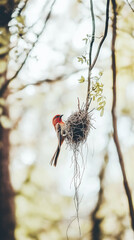 Bird perched near its nest in lush green forest, illuminated by soft natural light. Concept of nesting, parenthood, and nature's cycle.