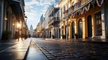Fototapeta premium Charming cobblestone street bathed in golden sunlight, showcasin