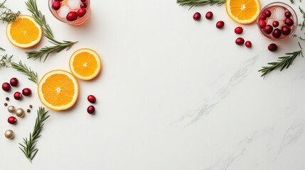 Bright oranges and cranberries arranged artistically on marble s