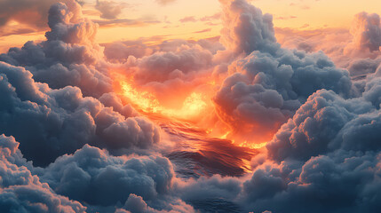 Creating balance between clouds and fire in an imaginative setting. Tranquility - Ocean. Illustration