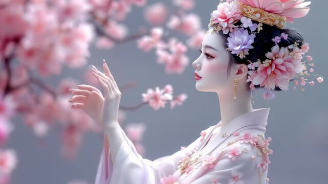 Asian woman in traditional dress with flower crown in fantasy scene motion picture. Beautiful geisha in pink fairy tale with space for text video footage.