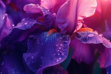 Vibrant Purple Iris Flowers with Water Droplets in Morning Light - Macro Floral Beauty