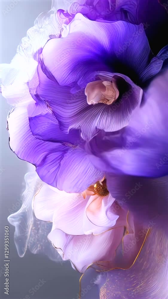 Poster glassy texture ripples across reflective background, distorting colors elegantly. smooth liquid dyna