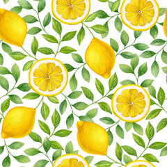 Pattern of lemons and leaves. Watercolor of tropical fruits and leaves isolated on white background. Good for textiles and wallpaper