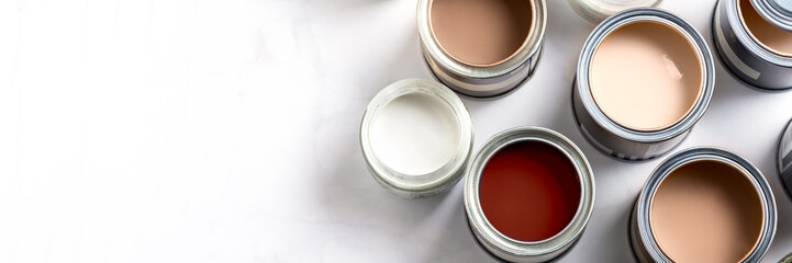 Tiny sample paint cans during house renovation, process of choosing paint for the walls, Mocha Mousse color of the year 2025, color charts on background, banner size