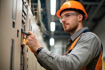 A focused electrician wearing safety gear is adjusting components on a power control panel inside an industrial facility. The environment is well-lit, ensuring safe operation