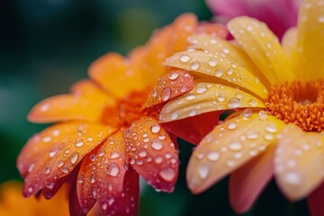 Fototapeta premium Raindrops on Vibrant Orange and Yellow Flowers: A Close-Up View of Nature's Beauty