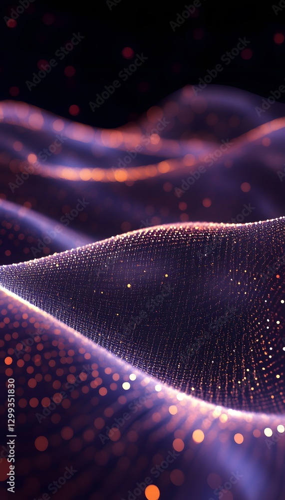 Poster abstract digital landscape of particle waves with sparkling lights