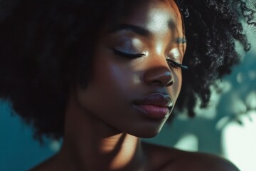 Naklejka premium Portrait of a Woman with Closed Eyes in a Tranquil pose, illuminated by gentle, natural light.