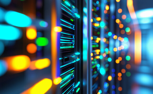 A close-up of brightly lit server racks with colorful glowing LED lights in a data center.