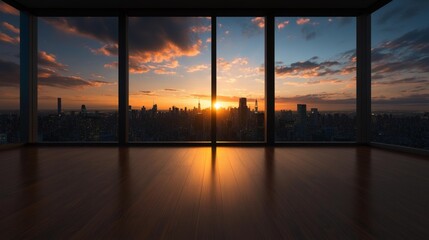 Naklejka premium Empty Modern Office with Panoramic City Skyline During Sunset. Generative AI