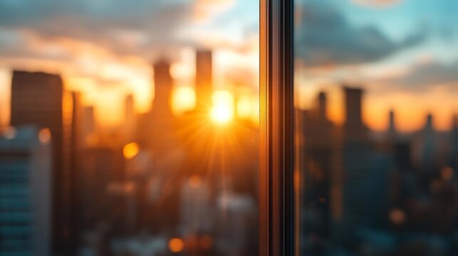 Fototapeta Sunset View from a High-Rise Building Window in the City. Generative AI