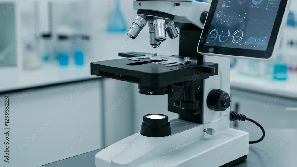 Poster advanced digital microscope with augmented reality data visualization in modern laboratory. future m