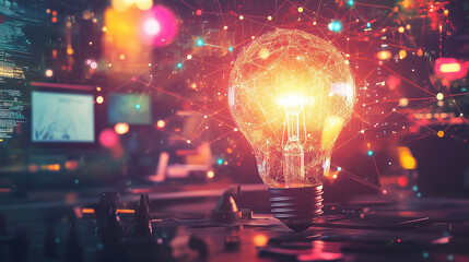 Abstract workspace with connected figures and glowing brainstorming bulb