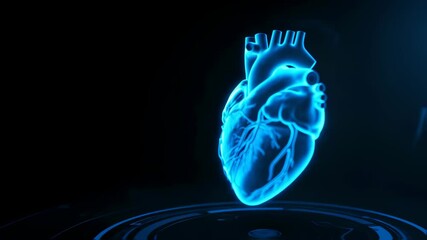 Glowing blue 3d hologram of human heart on dark background. Futuristic medical imaging technology for cardiology diagnostics and treatment planning in healthcare revolution. - Powered by Adobe