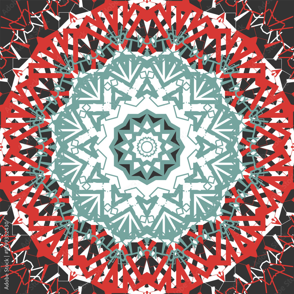 Poster multicolored mandala with original openwork ornament on textured background. version 3. vector illus