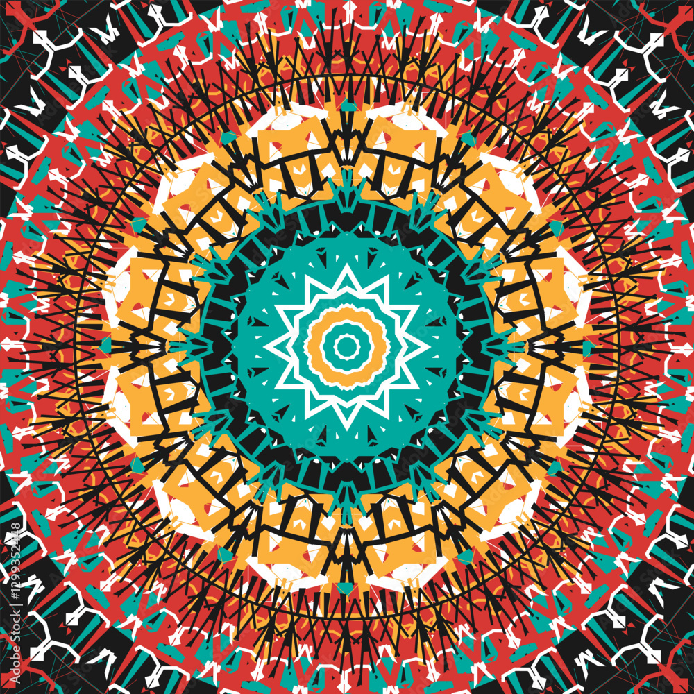 Poster multicolored mandala with original openwork ornament on textured background. version 4. vector illus