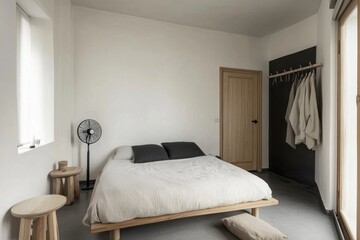 Modern bedroom interior, neutral colors, simple design, minimal accessories. Ideal for showcasing a minimalist aesthetic
