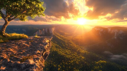 Rocky cliff with a tree at sunset revealing a vast green valley. Generative AI