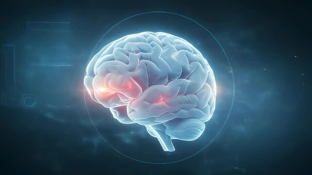 Digital 3D brain visualization with highlighted neural activity areas. Futuristic neuroscience concept for medical diagnostics, brain mapping and neurology research applications.