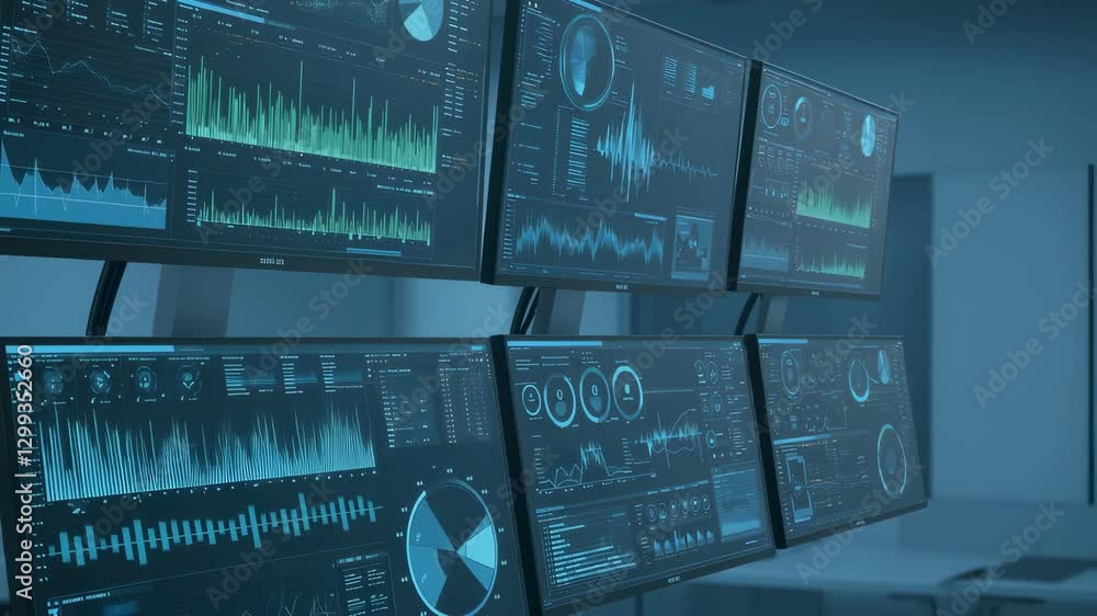 Poster advanced medical monitoring system with multiple screens displaying patient data analytics. future h