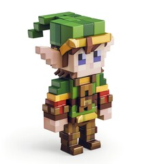 Obraz premium Voxel-Style 3D Elf Character Isolated on White, Fantasy Game Asset for RPG and Adventure Games