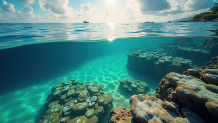 Obraz premium Aerial view of a shallow coral reef affected by bleaching in clear tropical waters 