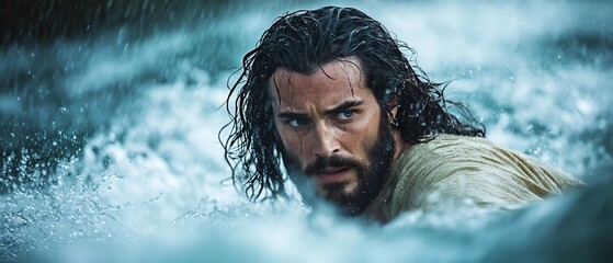 Fototapeta premium Man in light robe wading through rough water; rain falling in background