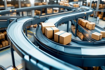 Packages travel along an intricate conveyor system within a bustling warehouse filled with advanced technology. This automated process enhances efficiency and speed in logistics